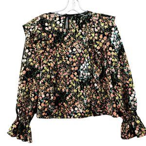 Zara Long Sleeve Blouse Womens Large L Black Floral Ditzy Ruffle Multicolor